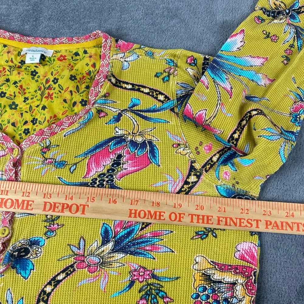Sundance Women Large Pajama Set Yellow Floral Waffle Knit Cotton Henley Joggers
